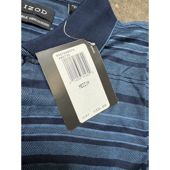 IZOD Polo New Double Mercerized Blue Shirt Mens M Blue Striped Collared Cuffed - Picture 2 of 5
